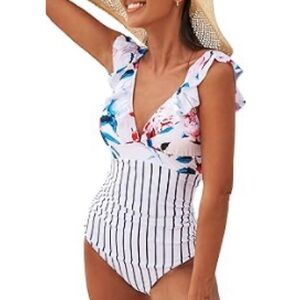 CUPSHE Women's Ruffled One Piece Swimsuit V Neck Lace Up